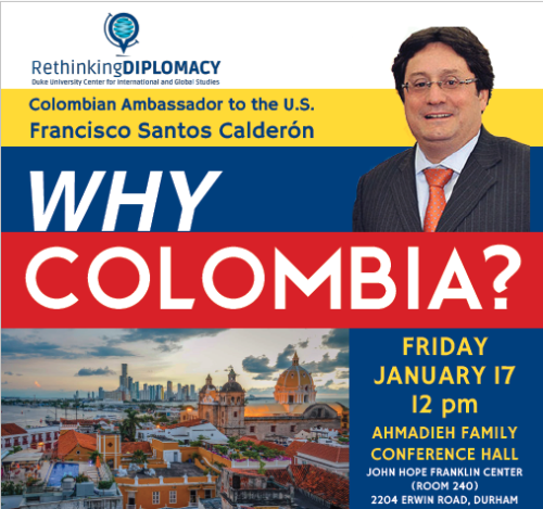 flyer for Why Colombia with headshot of Francisco Santos Calderón